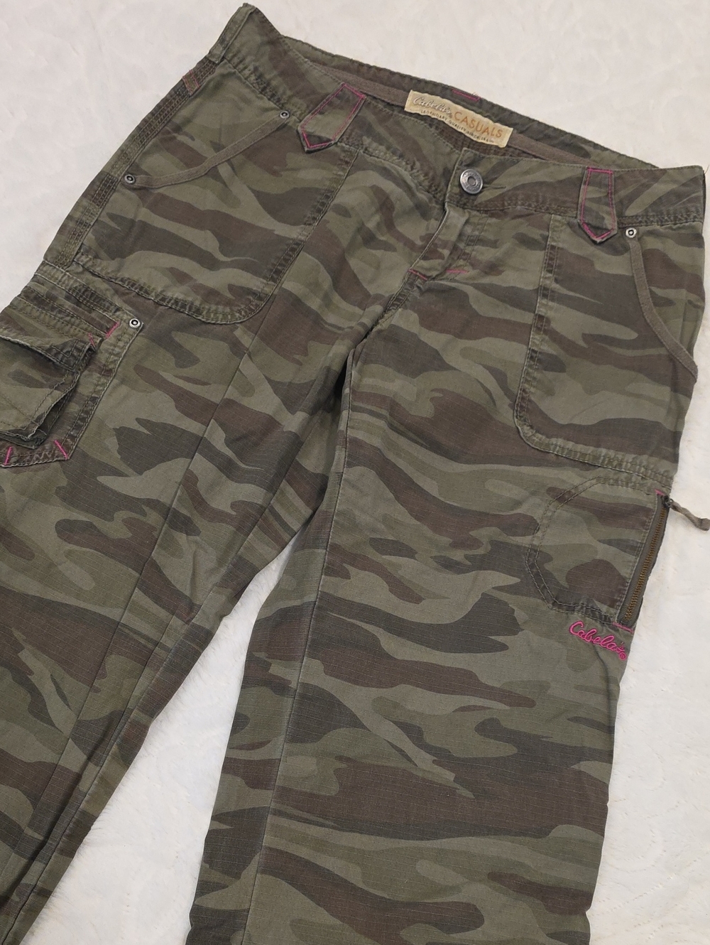 Cabela's Olive Camouflage Cargo Pants with Pink Accents